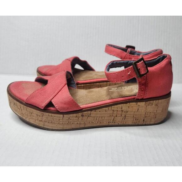 TOMS Shoes Womens Size 6 Canvas Cork Wedge Platform Sandals Ankle Strap Summer - Picture 4 of 8